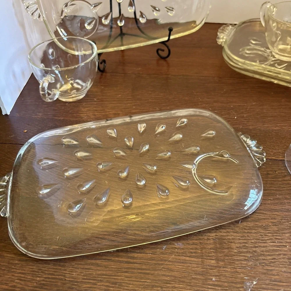 Vtg Hazel Atlas Glass Snack Plates & Cups Mid‎ Century Modern Raindrop Set Of 4